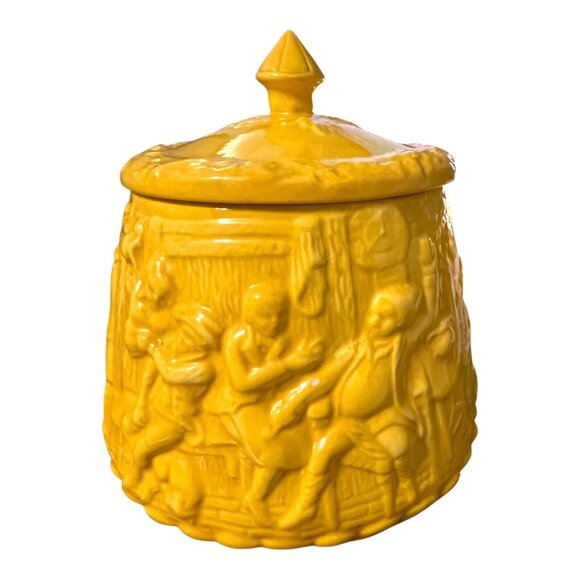 Vintage Ceramic Canister by Sande – Bas-Relief Colonial Tavern Scene with Horseb - Picture 8 of 16